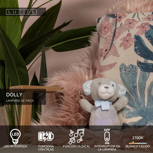 Lucide DOLLY - Lámpara de mesa Infantil - Batería/pilas - LED - 1x3W 2700K - Con función de música - Gris - USP